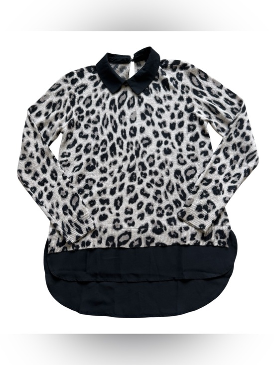 Adrianna Papell Sweaters - Adrianna Papell 100% Cashmere Leopard Print Collared Layered Hem Sweater XS Cozy